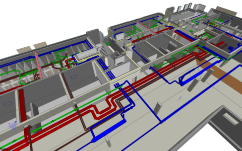 Koordynacja instalacji sanitarnych w garażu podziemnym budynku wielorodzinnego wykonana w modelu 3D