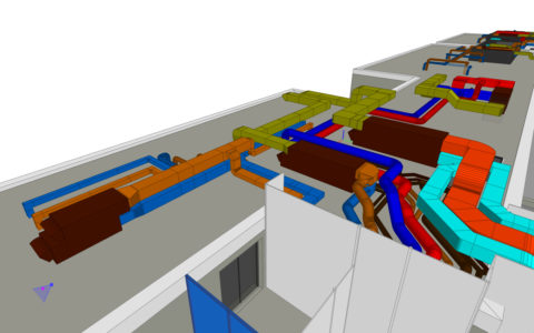 Prowadzenie instalacji wentylacji mechanicznej na na dachu budynku w modelu 3D